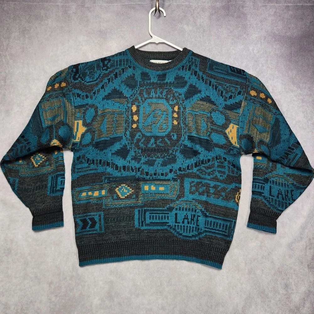 Saturdays Mens Vintage Teal Black Gold Geometric Pattern Knit Sweater size Large